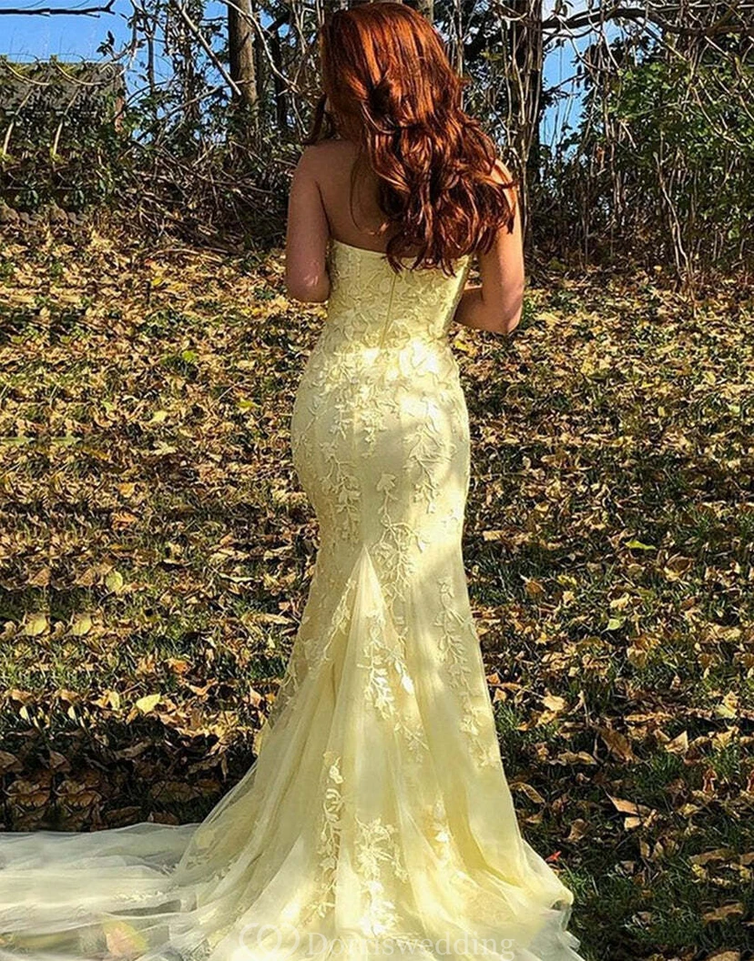 Strapless Front Split Lace Applique Elegant Tulle Dress view 3
