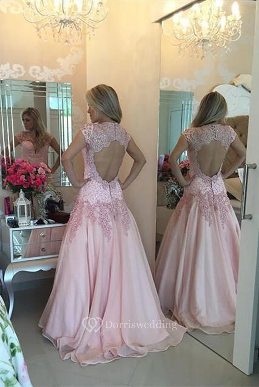 Delicate Pink Lace Appliques Prom Dress Sweep Train