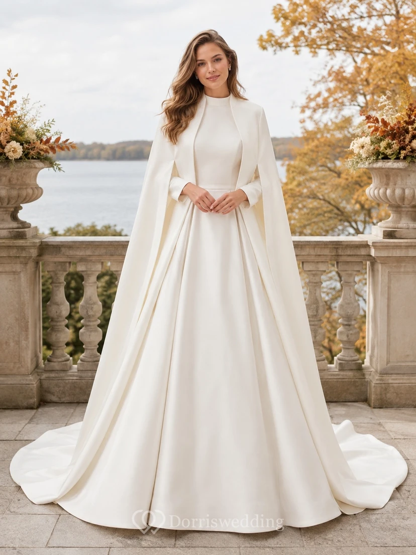 Vestido de novia formal modesto de manga larga y cuello alto, corte en A.