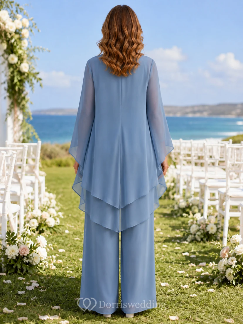 Steel Blue Mother Pantsuit with Pleated Chiffon Cape and Wide Leg Pants view 2