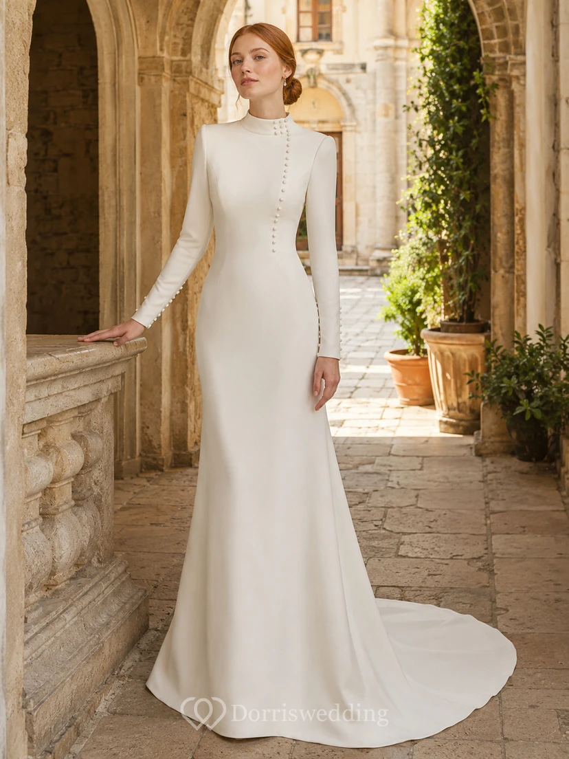 Hochgeschlossenes Crêpe-Brautkleid mit Perlenknöpfen für den Innenhof