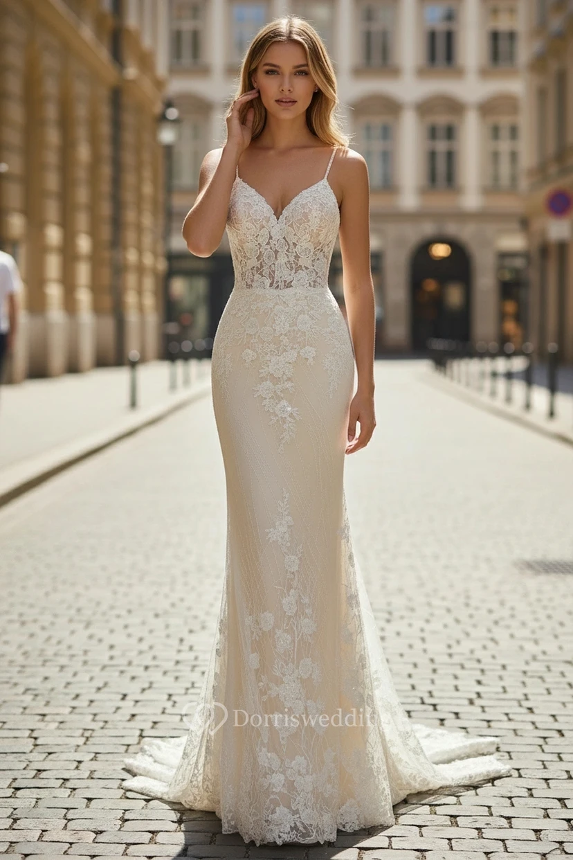 Robe de mariée sirène à bretelles et col en V en dentelle