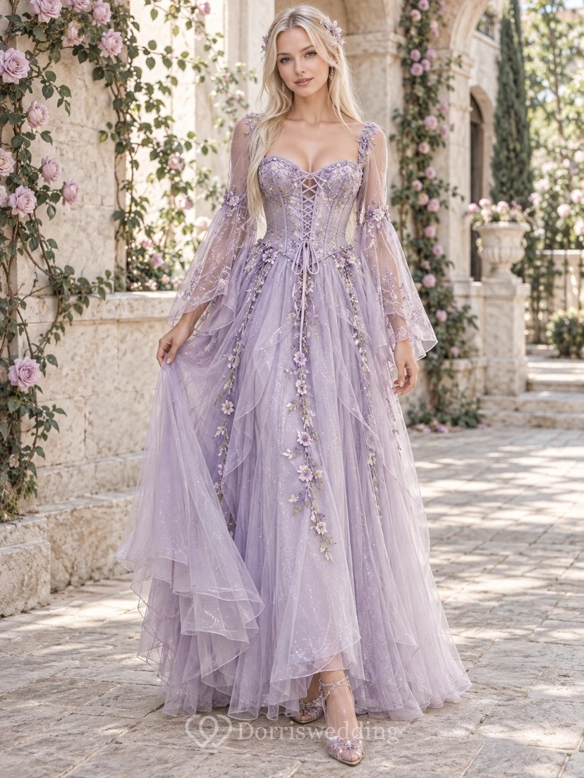 Fairy Lavender Sweetheart Bell Sleeve Floral Lace Corset Layered Gown