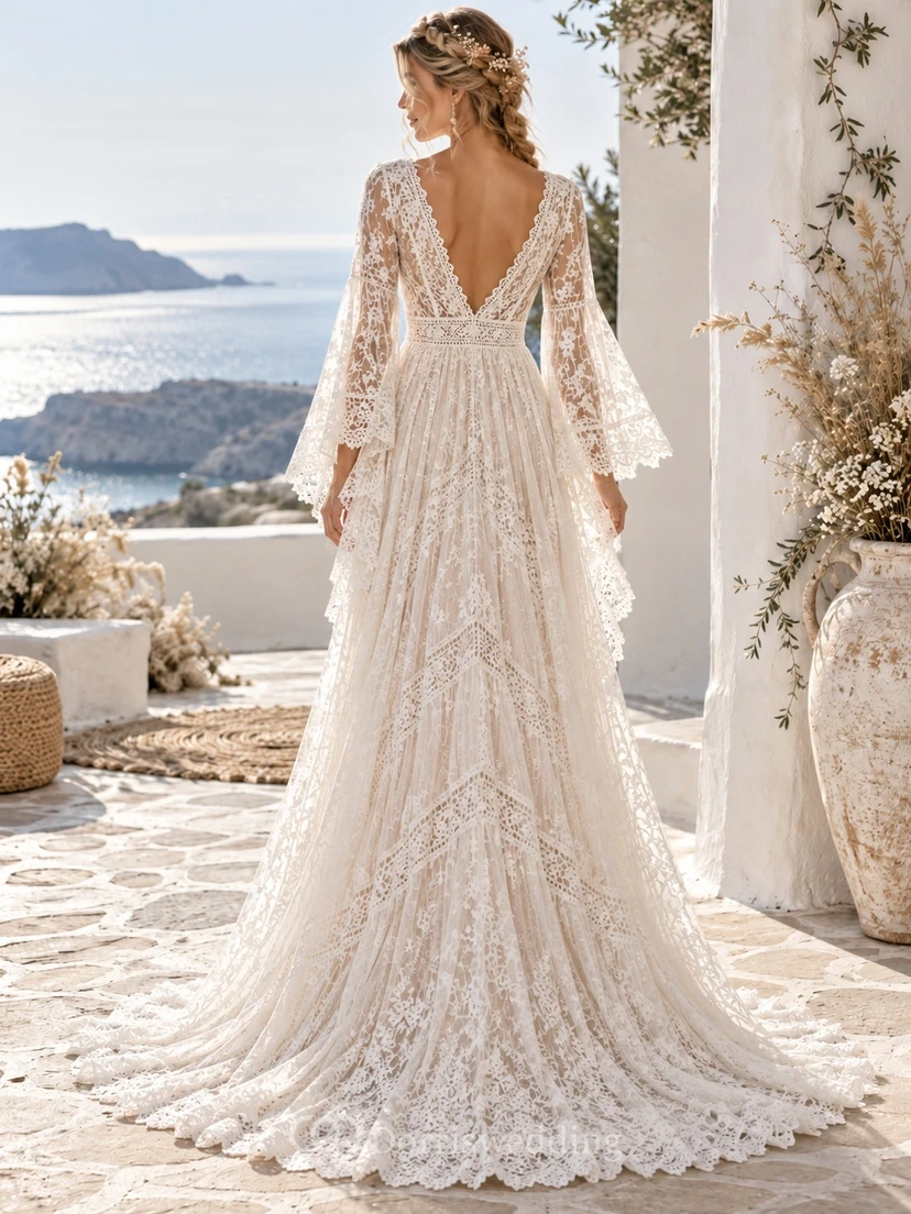 Boho Plunge V-neck Bell Sleeve Paneled Lace Wedding Dress view 2