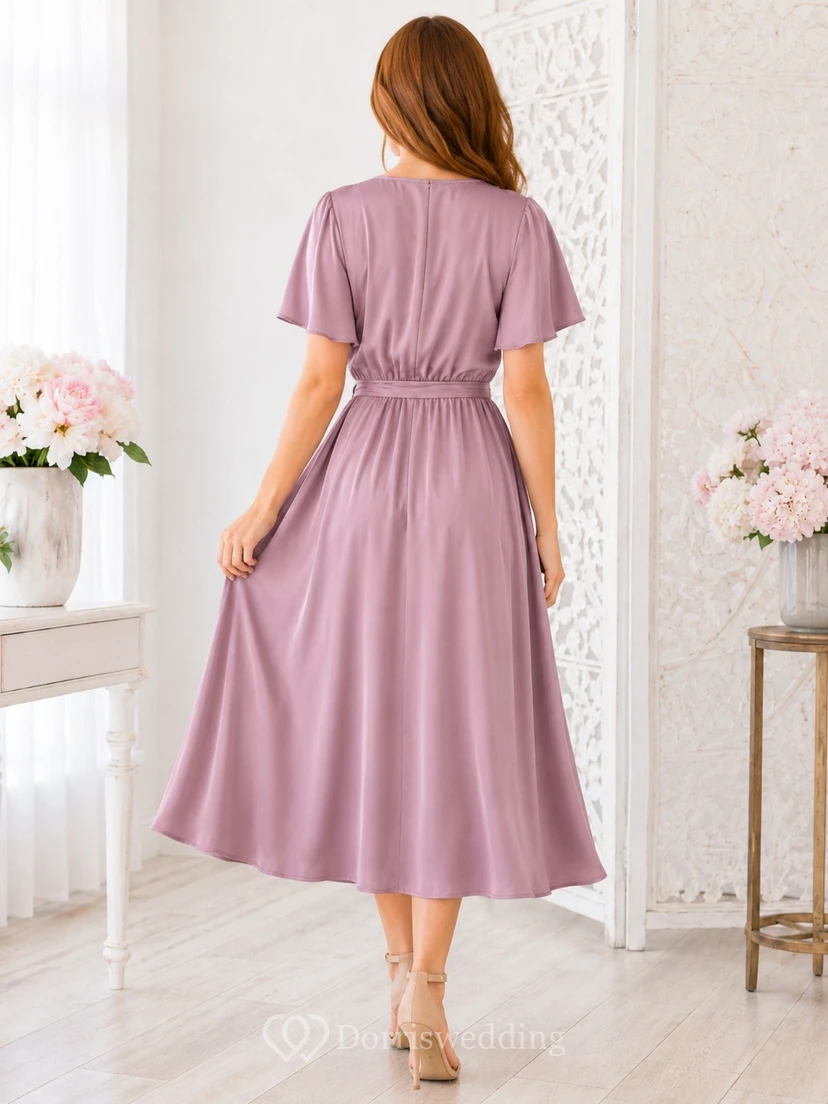 Einfaches, kurzärmeliges, lässiges Kleid mit Rundhalsausschnitt und Teelänge in A-Linie view 2