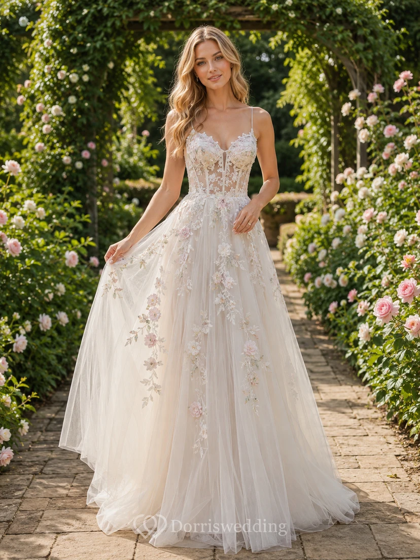 Floral Applique Tulle Botanical Bridal A Line Gown