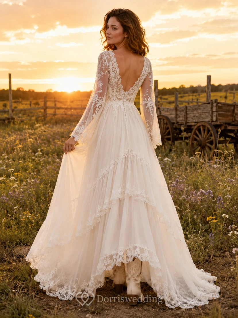 Maternity Wedding Dress Off Shoulder A-Line Tulle Gown with Lace Sleeve Detail and Garden Train view 2