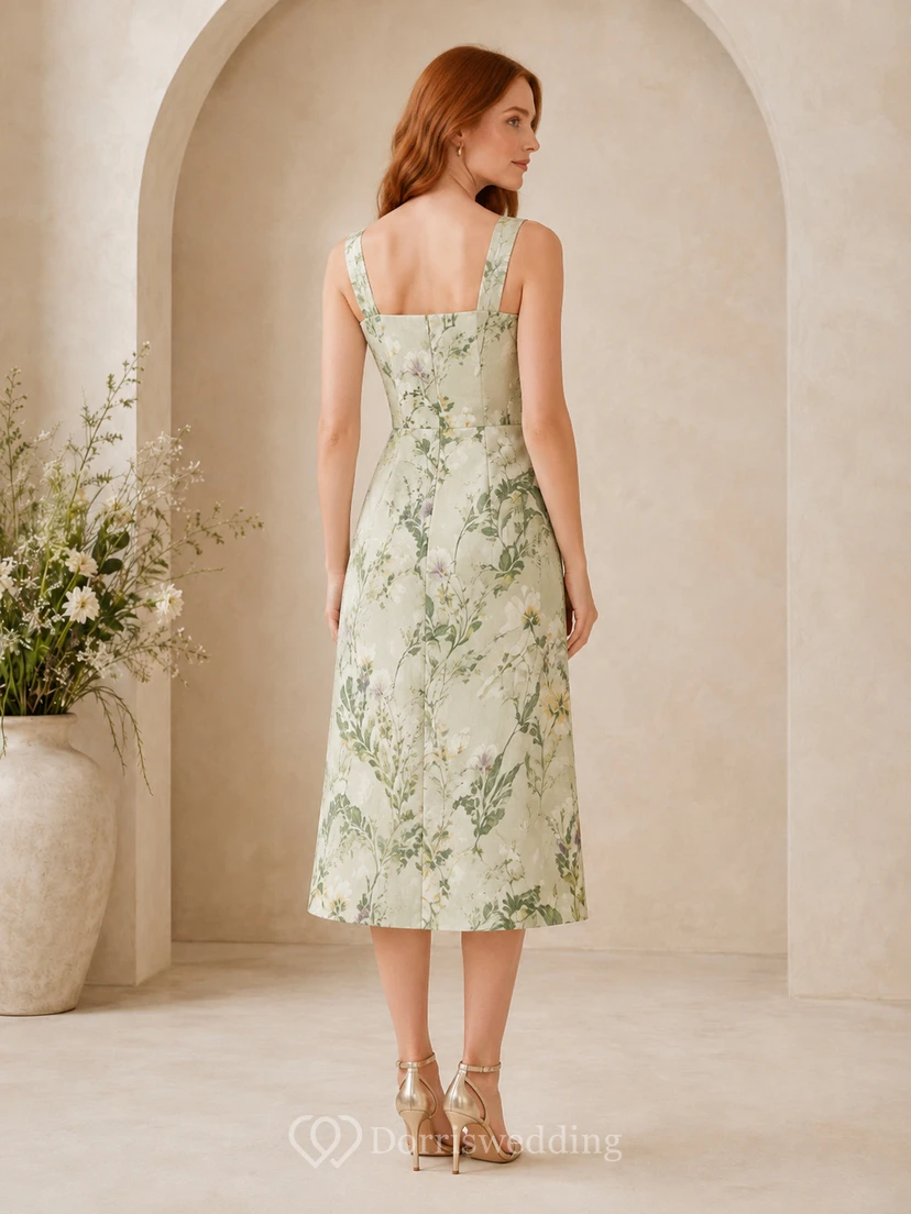 Robe de cocktail midi fourreau sans manches à col carré et imprimé botanique sauge view 2