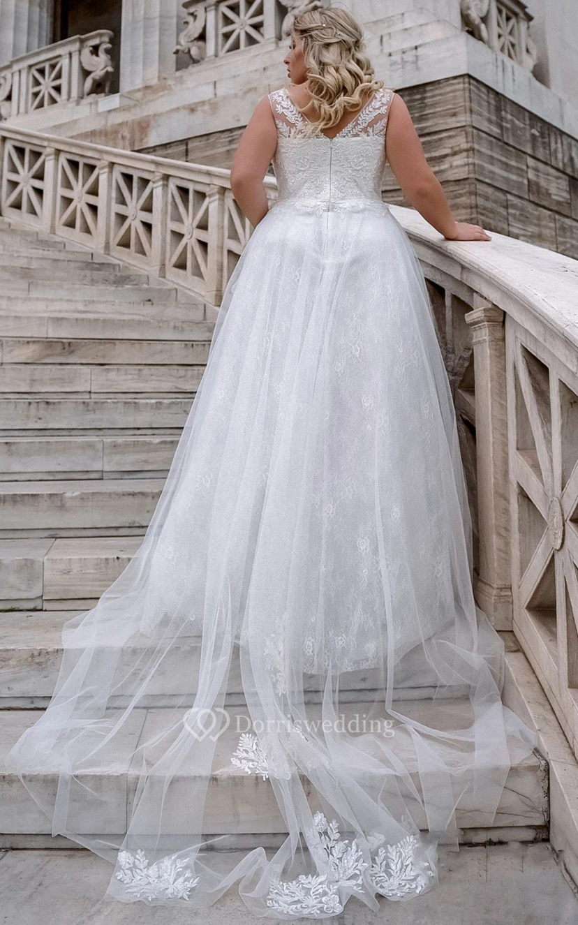 Elegantes, ärmelloses, bodenlanges A-Linien-Hochzeitskleid aus Spitze mit Applikationen view 2