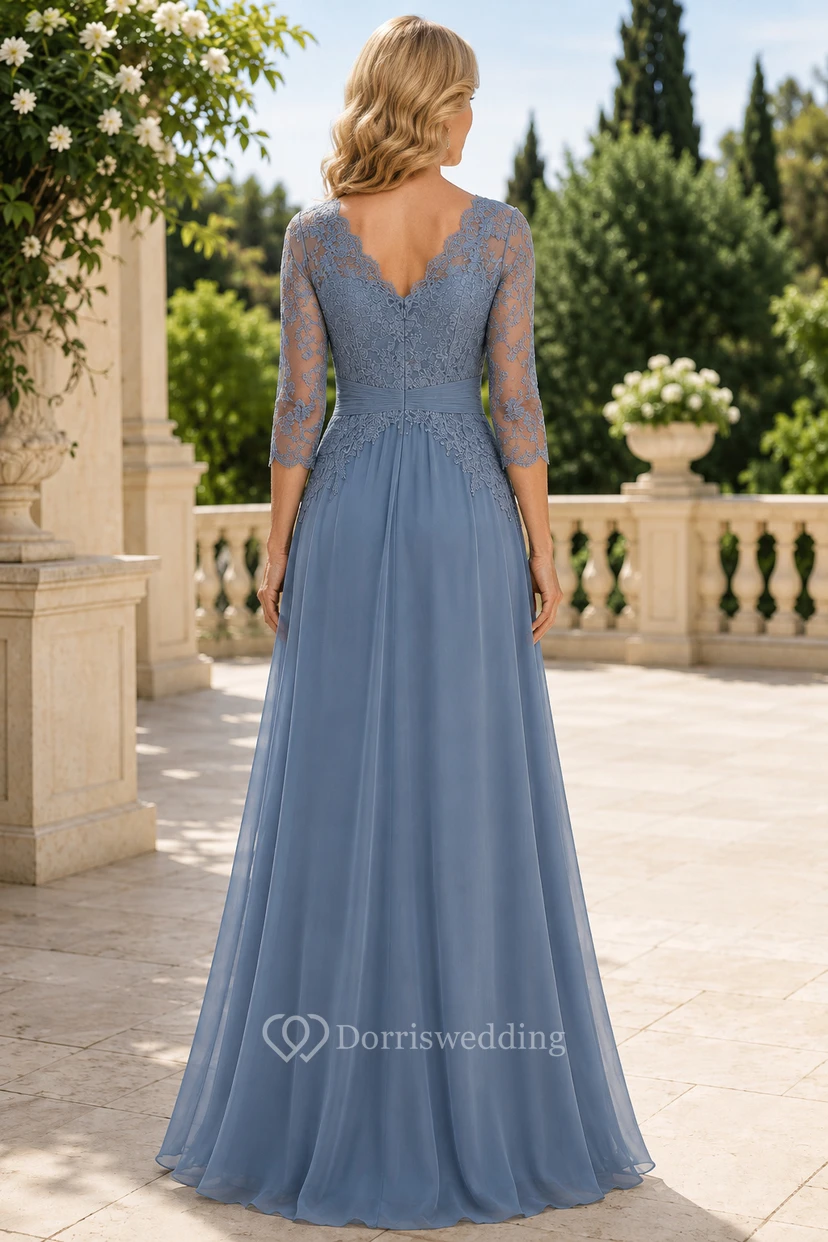 MOB-Kleid aus stahlblauem Chiffon mit Spitze, A-Linie, 3/4-Ärmeln, V-Ausschnitt, bodenlang, plissiert view 2