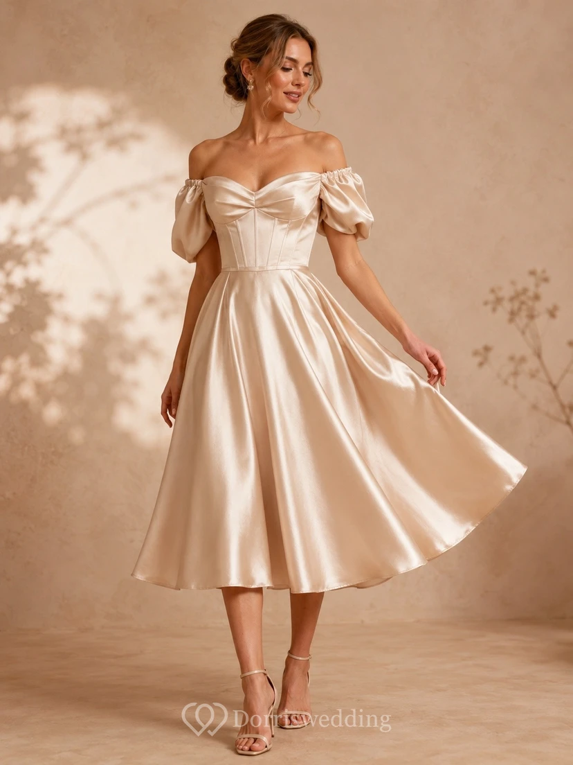 Vestido de cóctel plisado de satén color champán, con hombros descubiertos, manga corta, corte en A y largo hasta la rodilla.