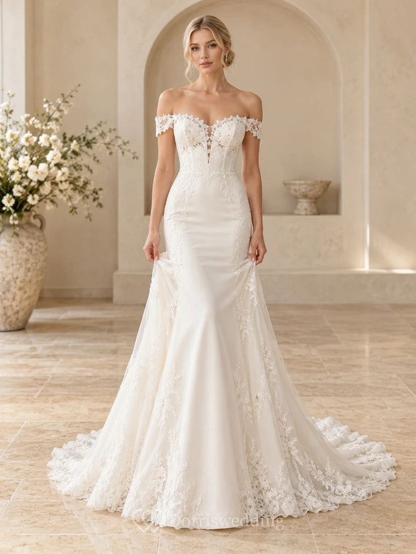 Mermaid Off Shoulder Sweetheart Scalloped Lace Train Bridal Wedding Dress