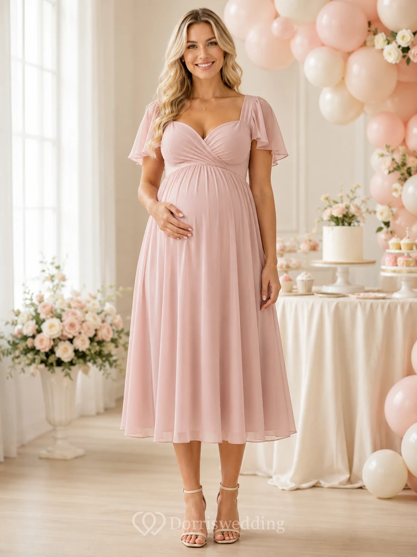 Tender Gathering Blush Empire Tea-Length Square Short-Sleeve Chiffon Romantic Maternity Dress