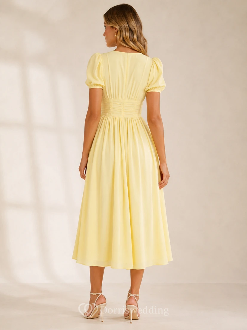 Gelbes A-Linien-Gästekleid mit Puffärmeln, V-Ausschnitt und Teelänge view 2