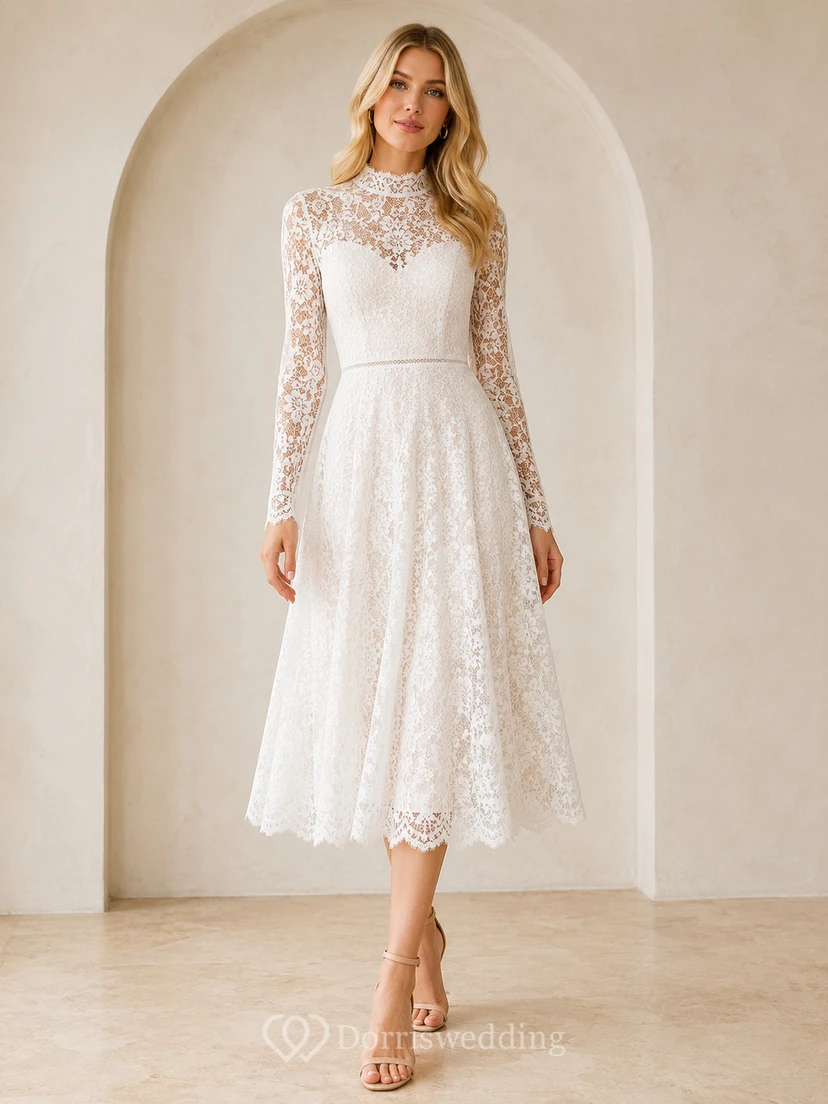 Modest White Tea-Length High Neck Long Sleeve Lace Guest Dress