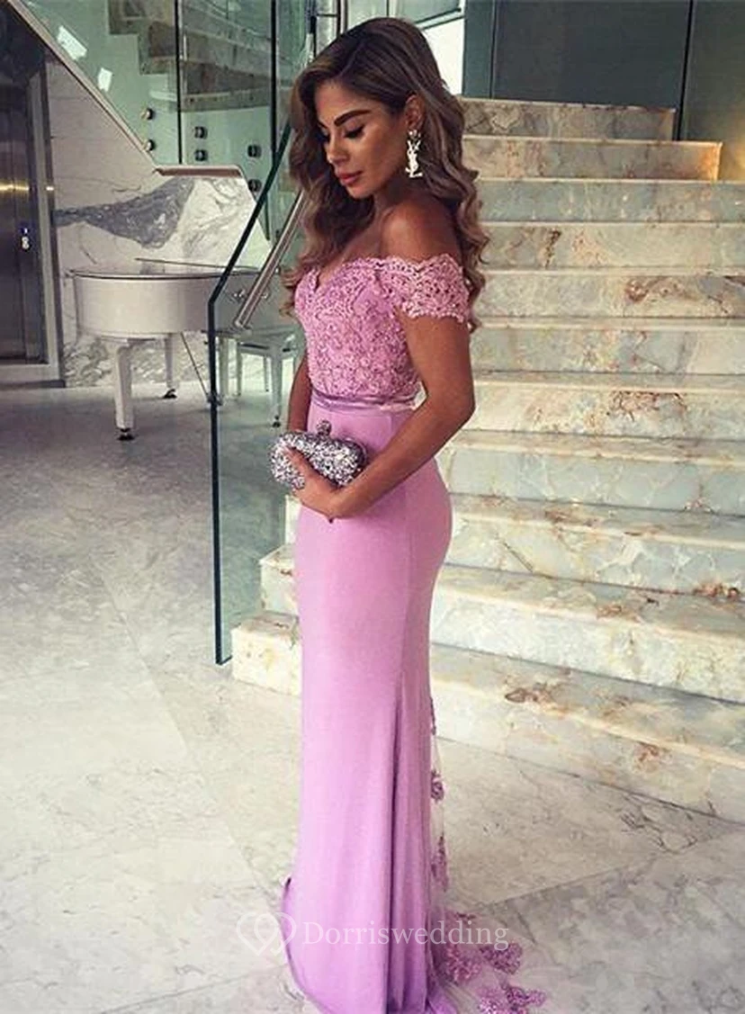 Elegant Lace Appliques Mermaid Prom Dress Off-the-shoulder Sweep Train