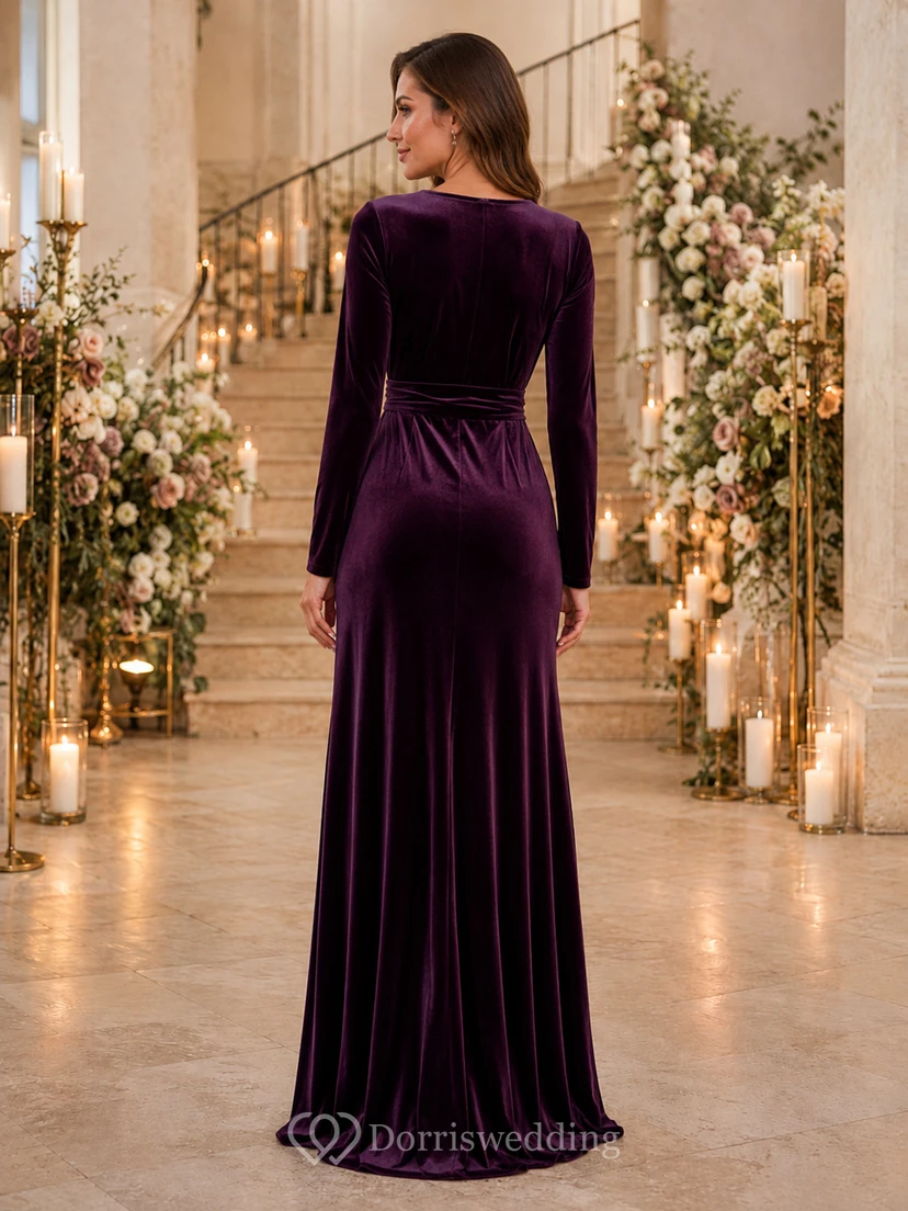 Plum Velvet Long Sleeve Slit Winter Wedding Guest Gown view 2