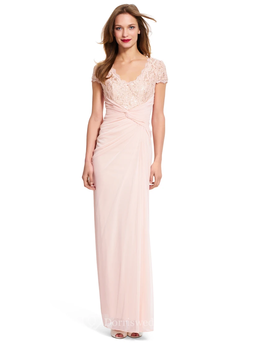 Sheath V-Neck Short-Sleeve Draped Chiffon Bridesmaid Dress view 3