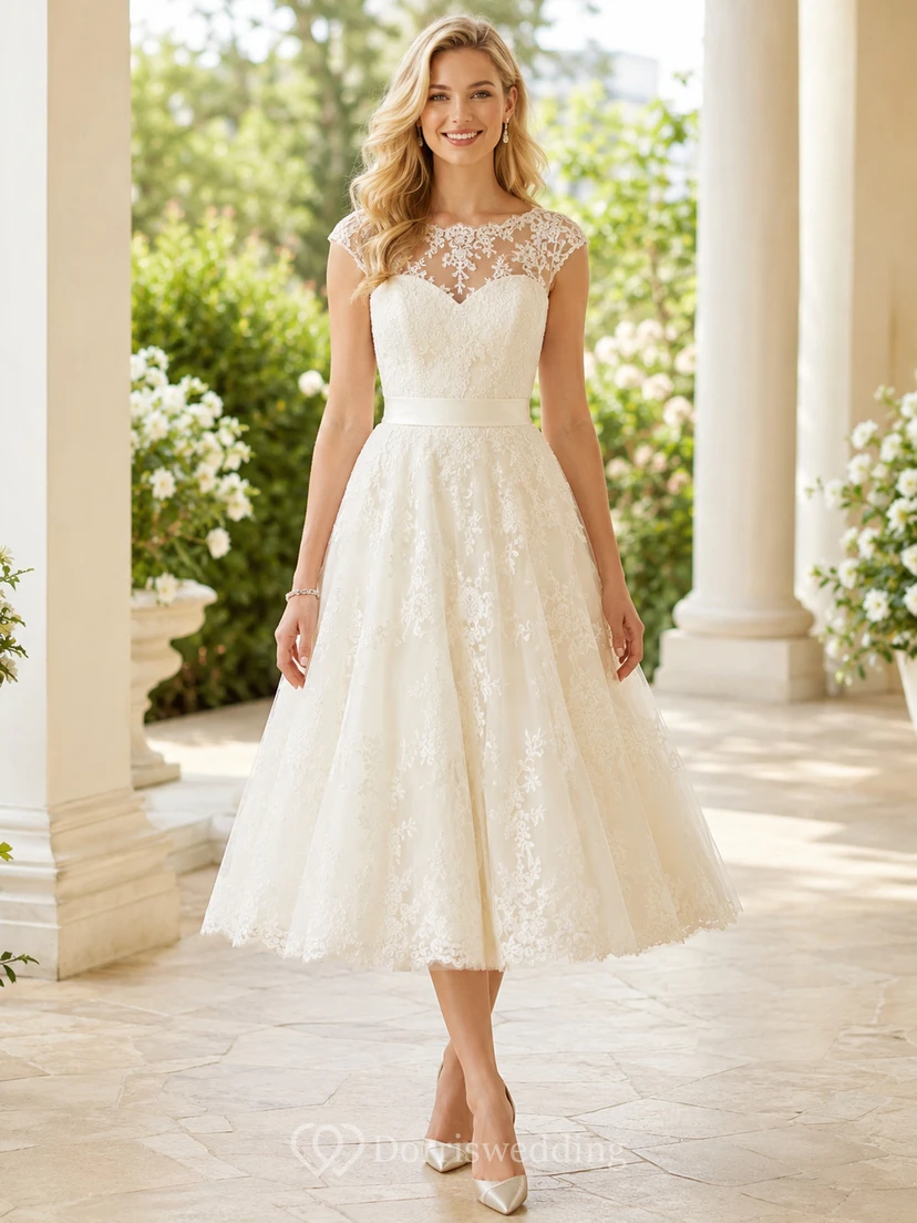Vestido de novia romántico vintage de encaje con mangas cortas y escote barco, largo hasta la rodilla, estilo jardín.
