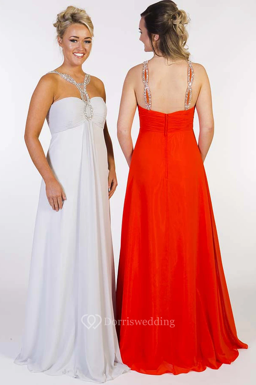 A-Line Beaded Empire Floor-Length Sleeveless Sweetheart Chiffon Prom Dress With Zipper Back And Ruching view 4