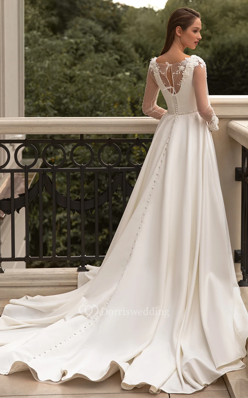 Hochwertiges A-Linien-Brautkleid aus Satin mit V-Ausschnitt, Kapellenschleppe, langen Ärmeln und Schlitz vorne view 2