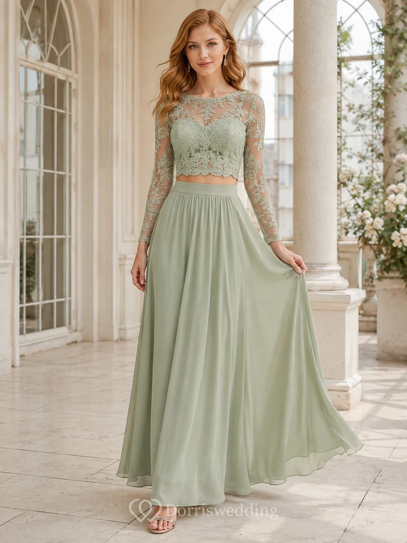 Sage Lace Chiffon Long Sleeve Square Neck Two Piece A-Line Formal Dress
