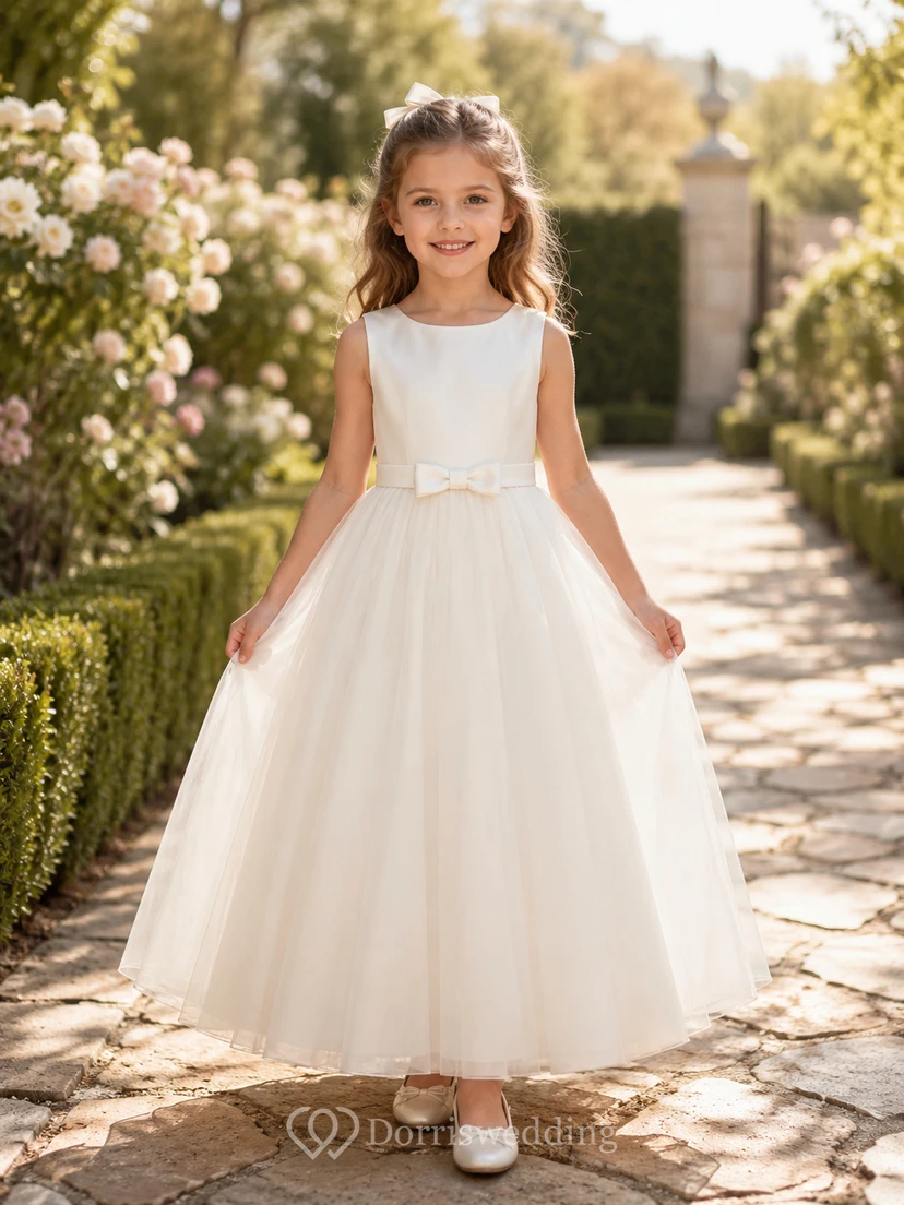 Blumenmädchenkleid aus champagnerfarbenem Tüll, A-Linie, Rundhalsausschnitt, Teelänge, Schleife am Rücken