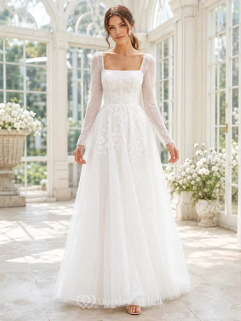 Modest Long Sleeve Square Neck Lace Tulle A-Line Floor-Length Wedding Dress