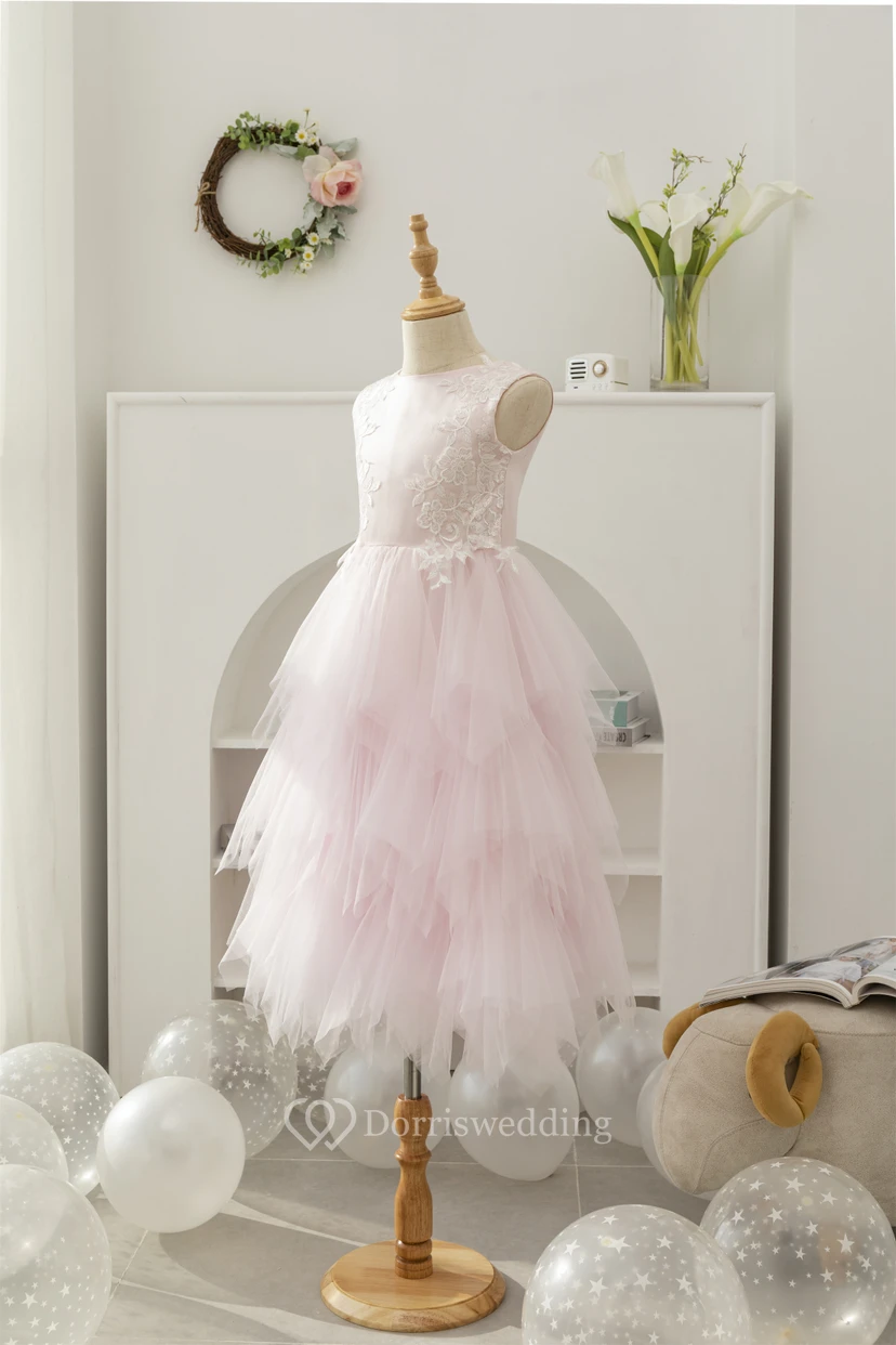 Bateau-neck Sleeveless Tulle A-line Layered Ruffled Applique Flowergirl Dress view 3