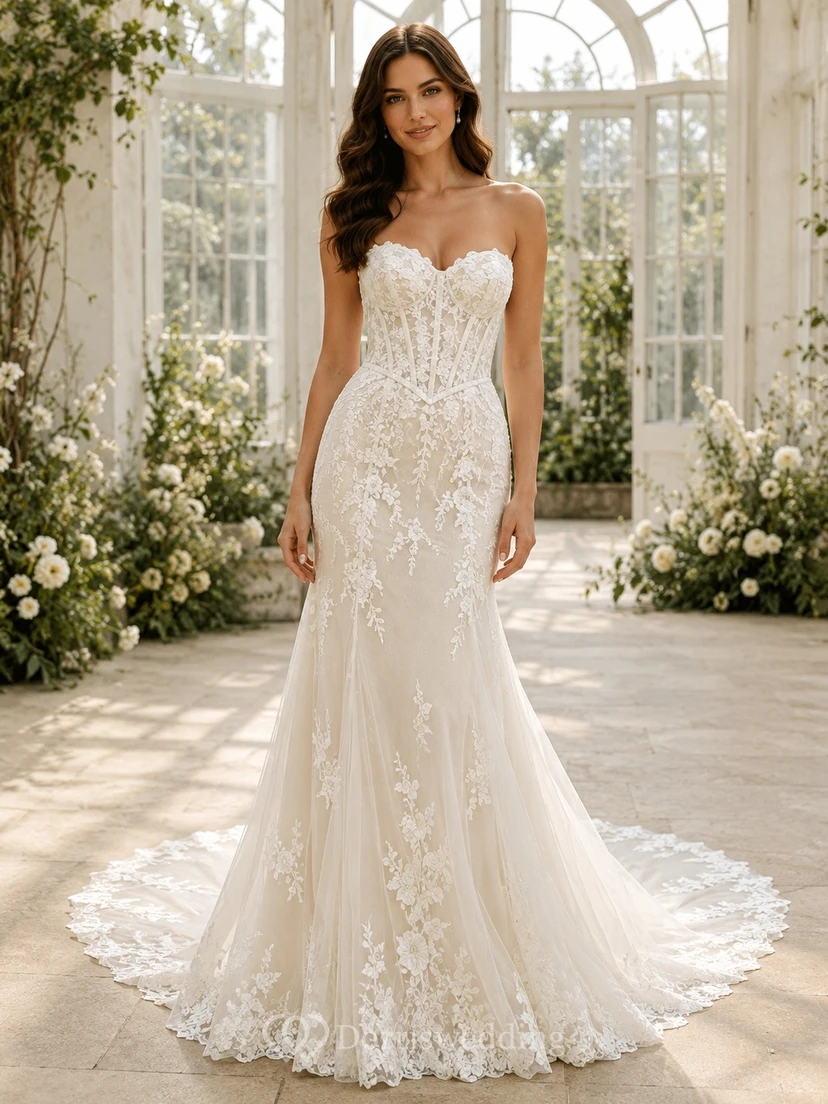 Vestido de novia catedral sin tirantes de encaje con cintura estilo vasco floral sirena