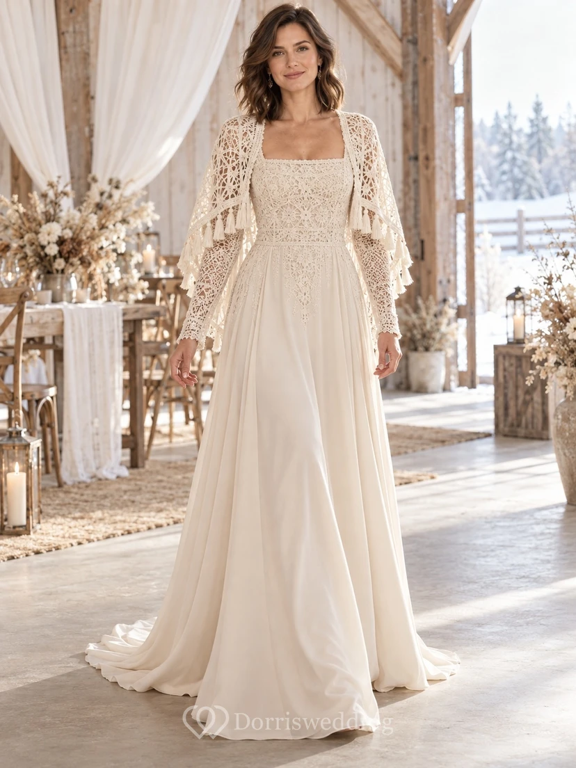 Vestido de novia bohemio de corte A con cuello cuadrado, manga larga y capa corta de crochet con flecos