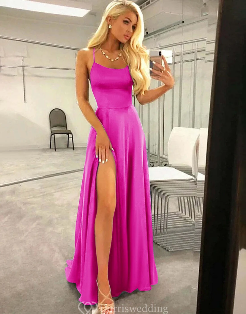Simple Satin Spaghetti A-line Dress with Sweep Train view 15