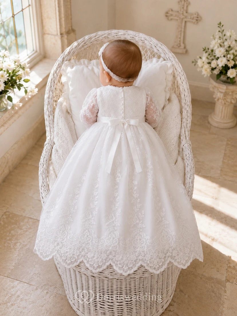 Scalloped Lace Hem Baptism Dress A-Line Tulle Square Neck Long Sleeve view 2
