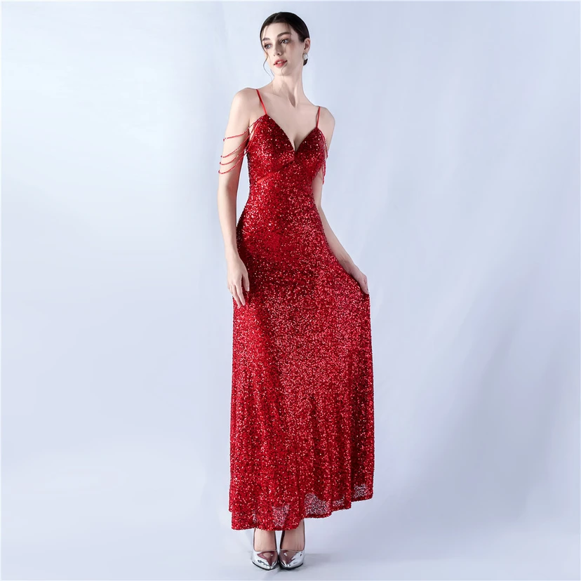 Sling A-Line Large Swing Mesh Sequin Evening Dress view 12