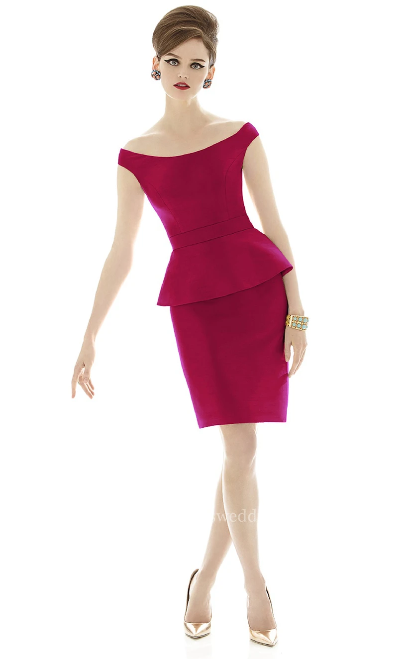 Form-Fitted Cap Sleeved Satin Gown with Bateau Neckline and Waistband view 3