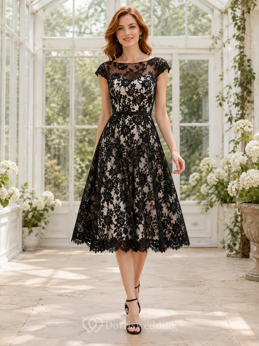 Schwarzes und weißes Vintage-Cocktailkleid mit floraler Spitze, kurzen Ärmeln und Teelänge in A-Linie