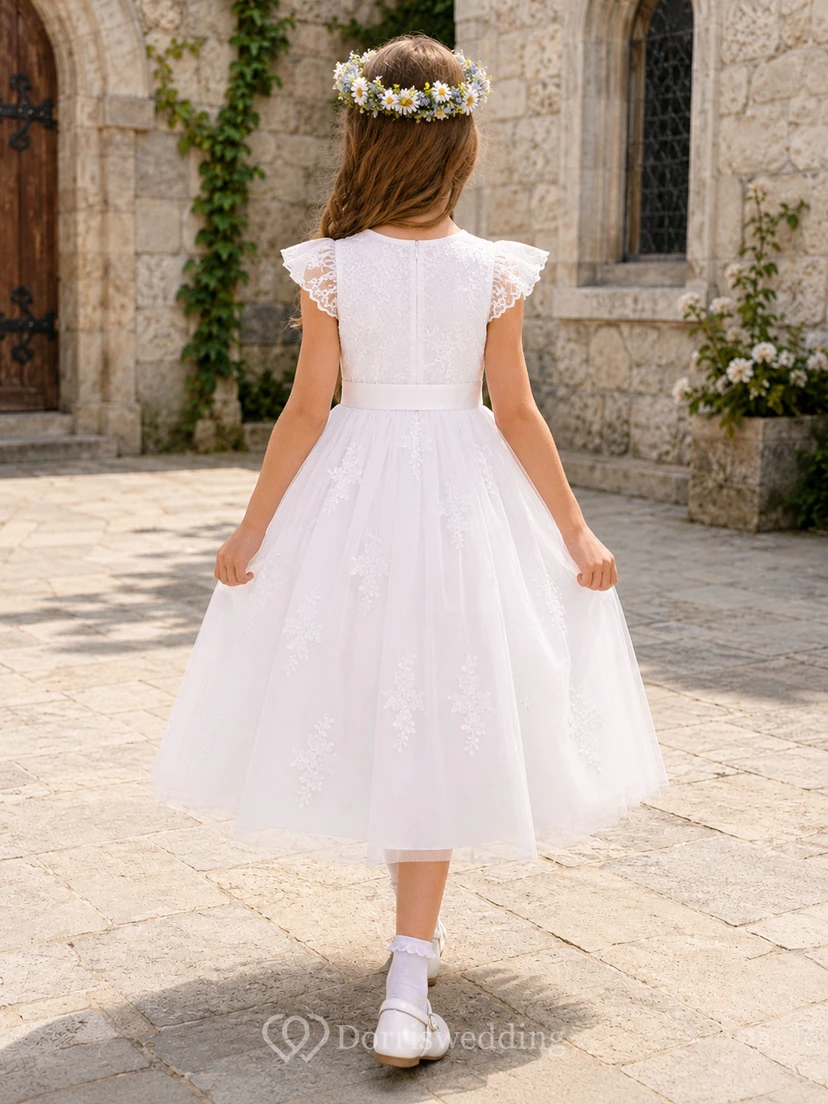 Robe de communion mi-longue en tulle et dentelle à volants et manches courtes, style bateau view 2