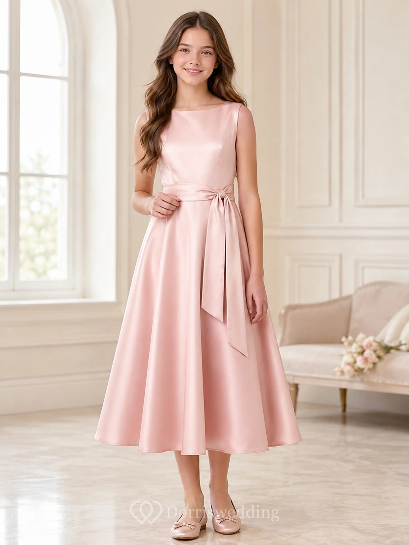 Elegantes, ärmelloses, rosafarbenes Satin-Brautjungfernkleid in A-Linie und Teelänge