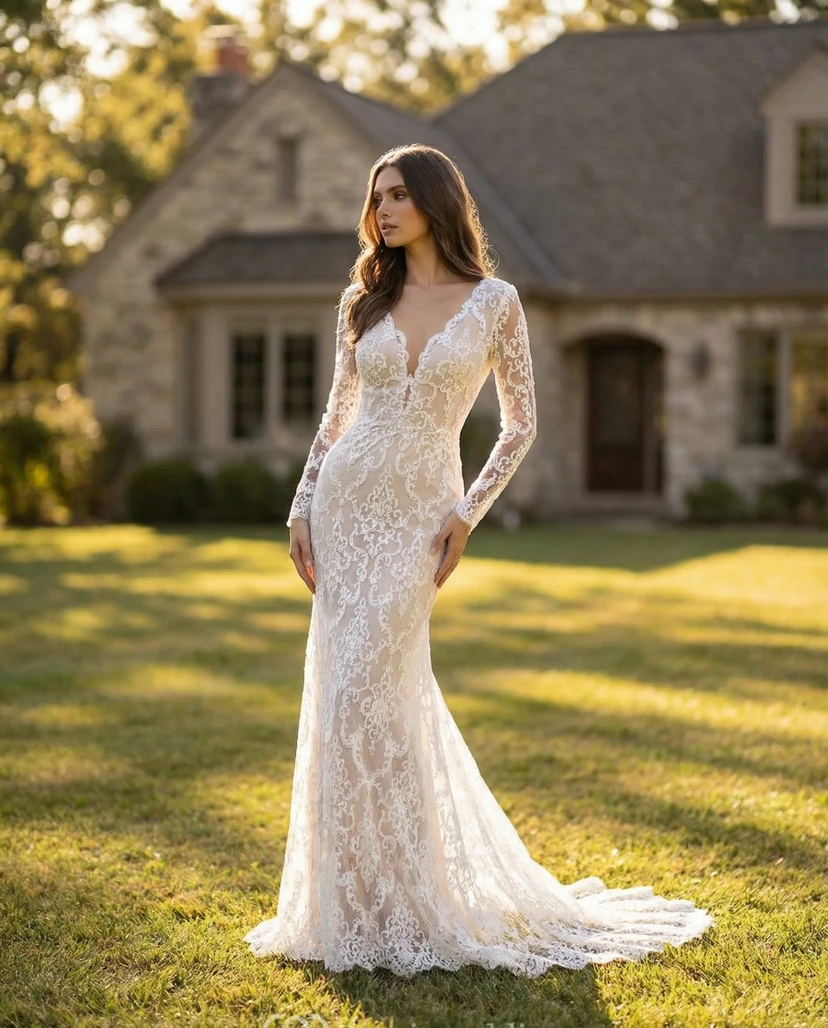 Robe de mariée en dentelle coupe sirène et évasée, manches longues, décolleté en V profond, effet illusion
