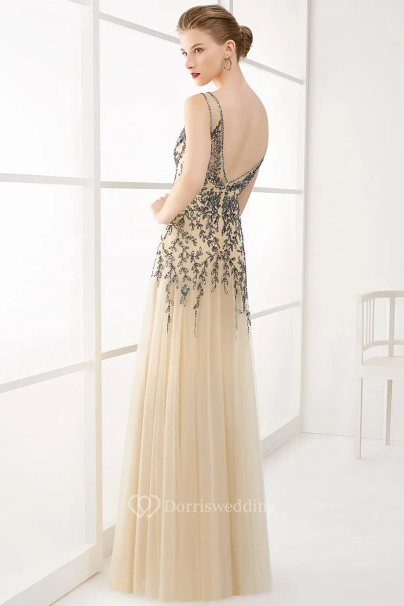 V Neck V Back A-Line Tulle Long Prom Dress With Crystal-Leaf Top view 2