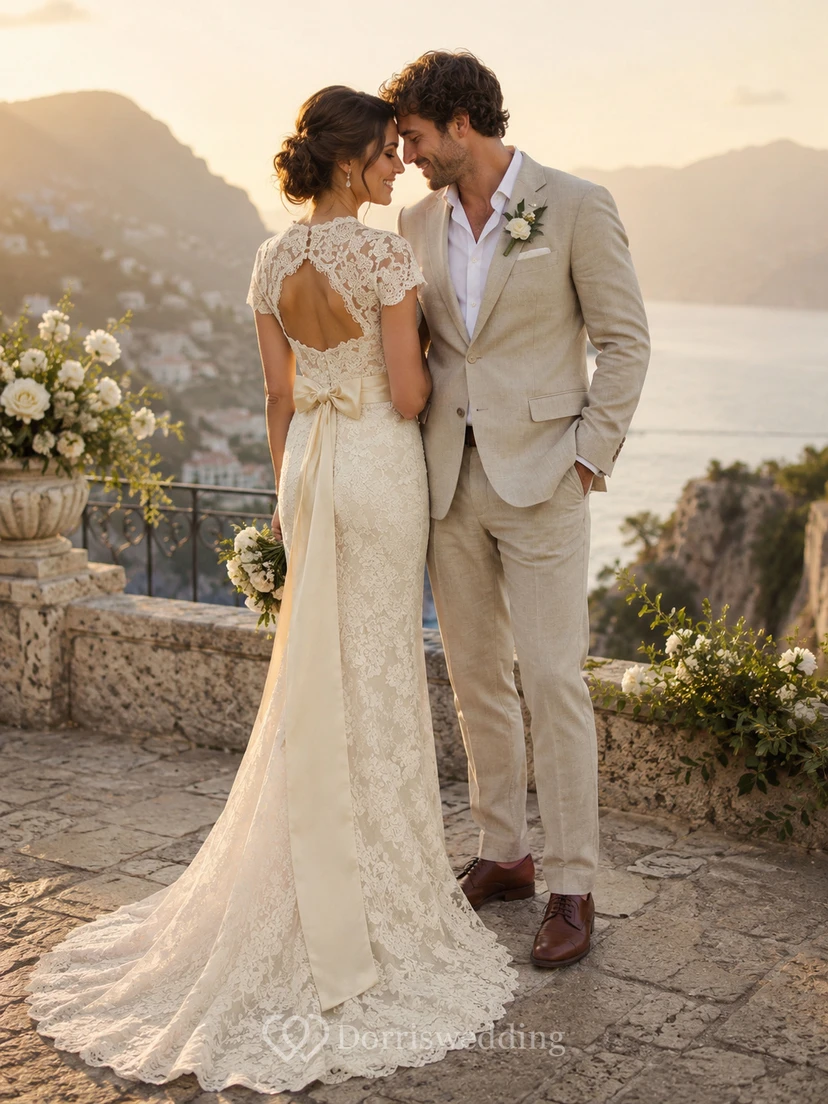 Robe de mariée sirène vintage en dentelle, décolleté en V, dos nu en forme de goutte, avec ceinture et fleur. view 3