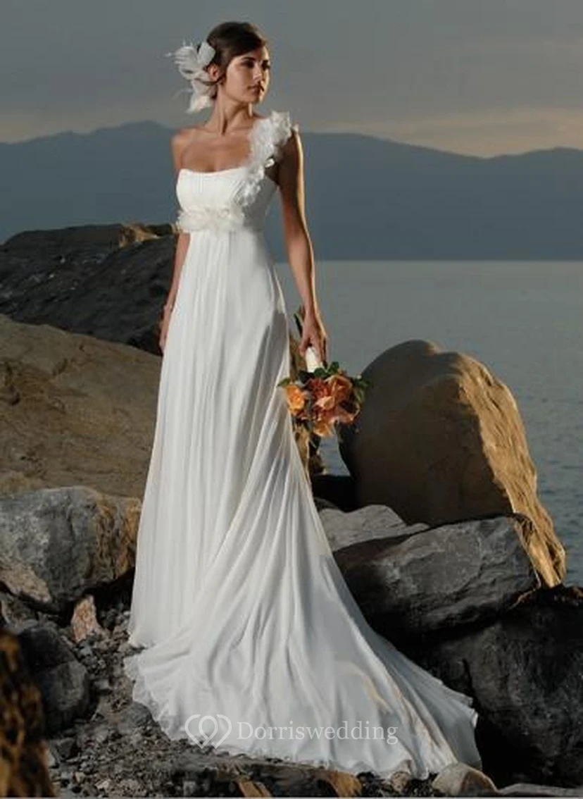 sheath One Shoulder Hand Made Flowers Chiffon Wedding Dress