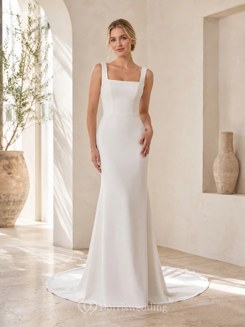 Vestido de novia sencillo con escote cuadrado, tirantes de sirena y cola larga.