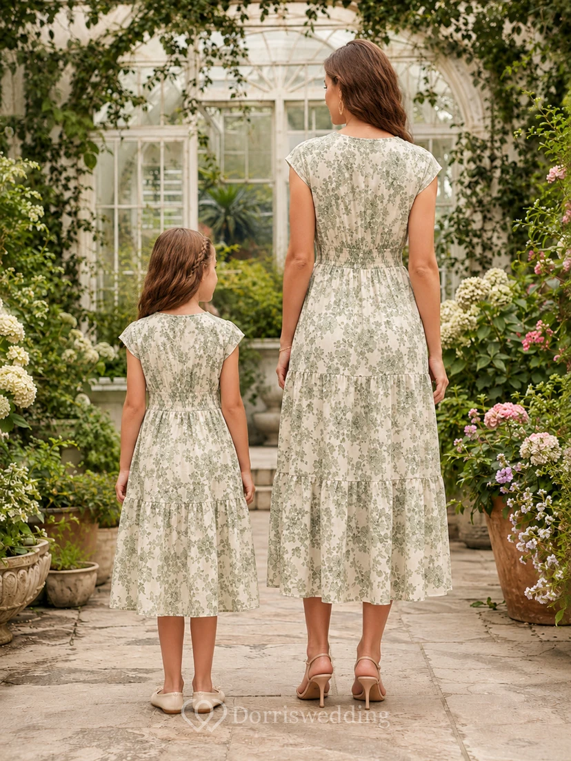 Sage Floral V Neck Cap Sleeve Matching Midi Dress view 2