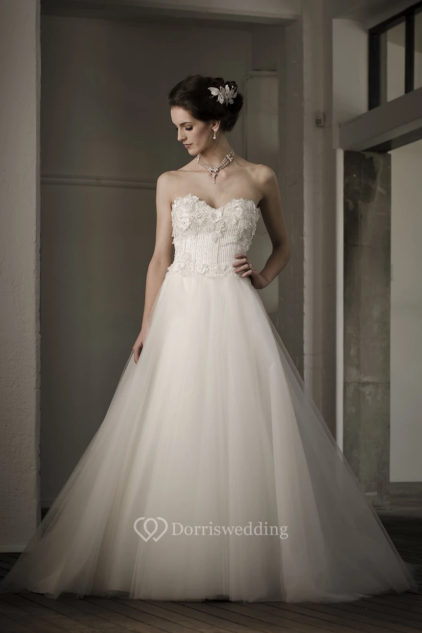 A-Line Ball-Gown Floor-Length Sweetheart Floral Sleeveless Tulle Wedding Dress With Backless Style And Appliques