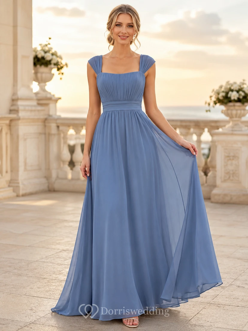 Stahlblaues Chiffon-Abendkleid in A-Linie mit eckigem Ausschnitt