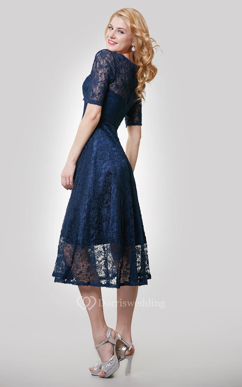 Half Sleeve Lace Tea Length Dress With Jewel Neckline view 2