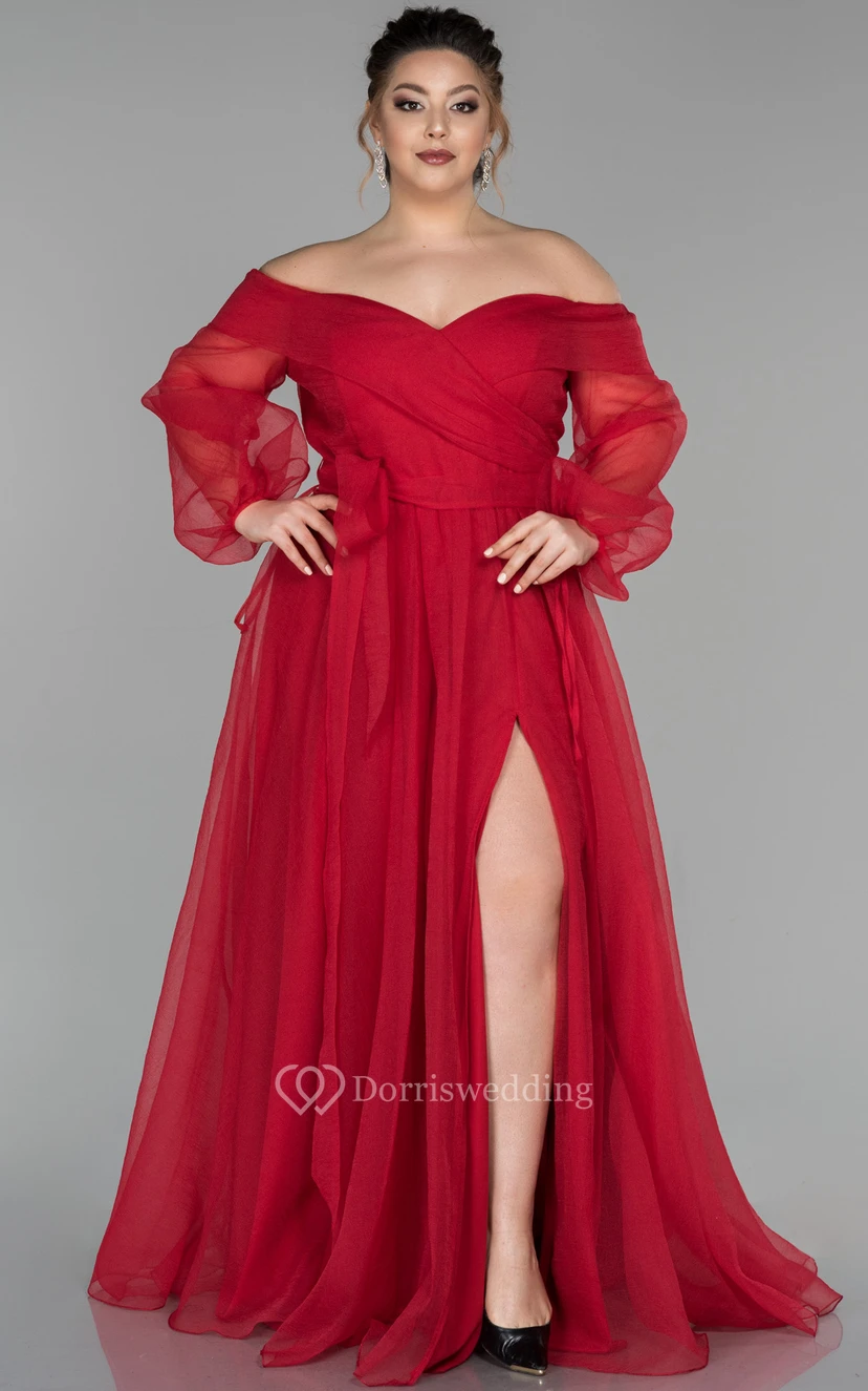 V-neck Puff-sleeve Pleated Empire A-line Evening Plus Size Dress with V Back view 3