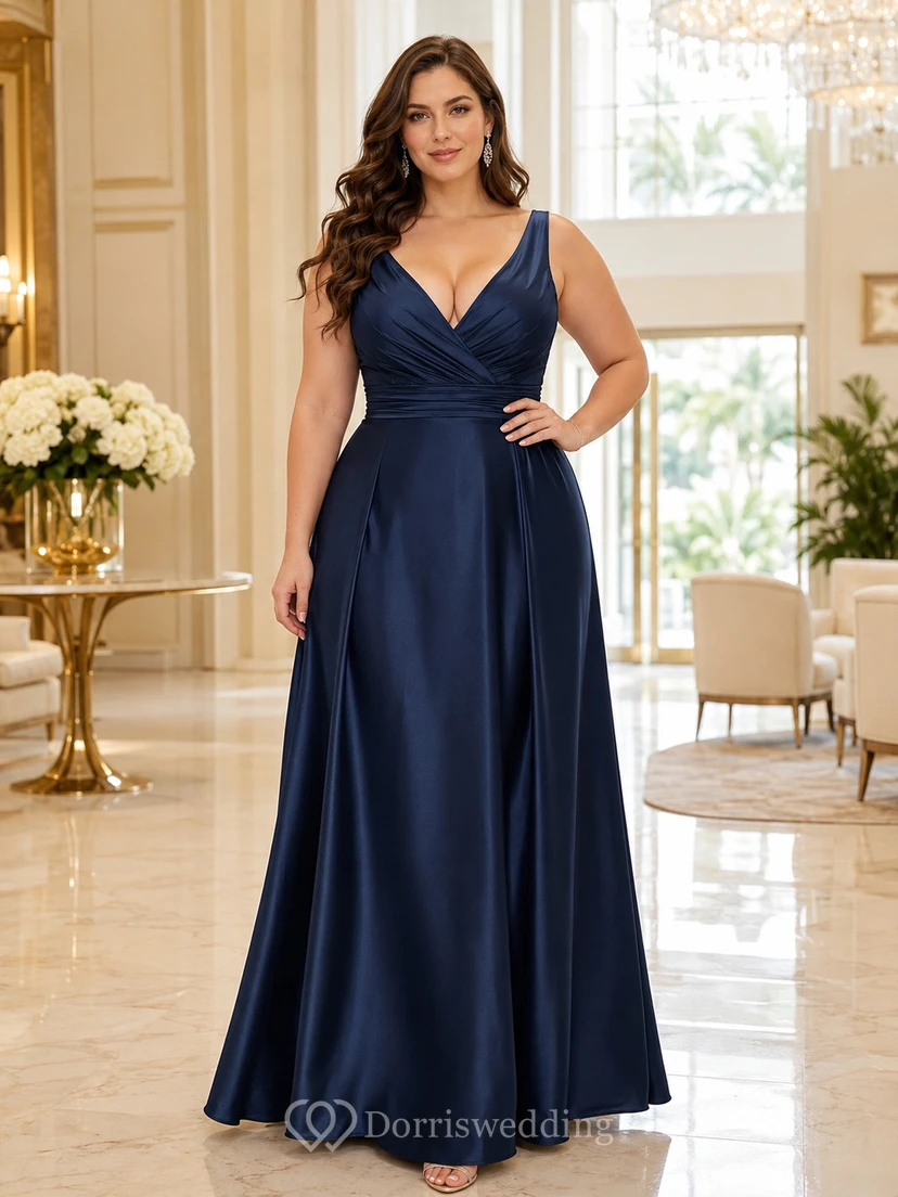 Elegantes, schlichtes Brautjungfernkleid aus dunkelblauem Satin mit A-Linie, bodenlang, V-Ausschnitt und ärmellos