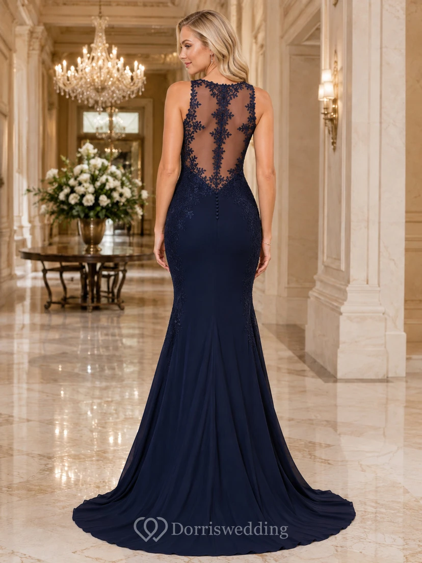 Dark Navy Sweetheart Lace Illusion Back Mermaid Gown view 2